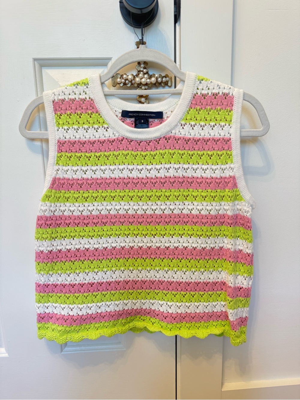 French Connection Striped Crochet Knit Top in Pink, Lime & White